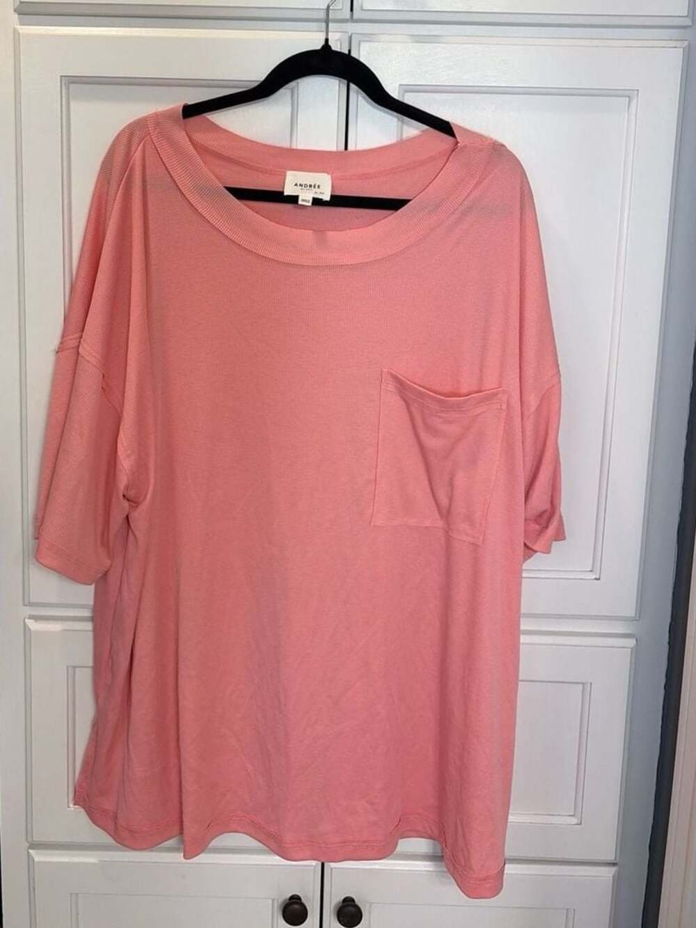 Andrée by Unit Plus Size Ribbed Knit Oversized Pocket Tee in Coral 1x/2x